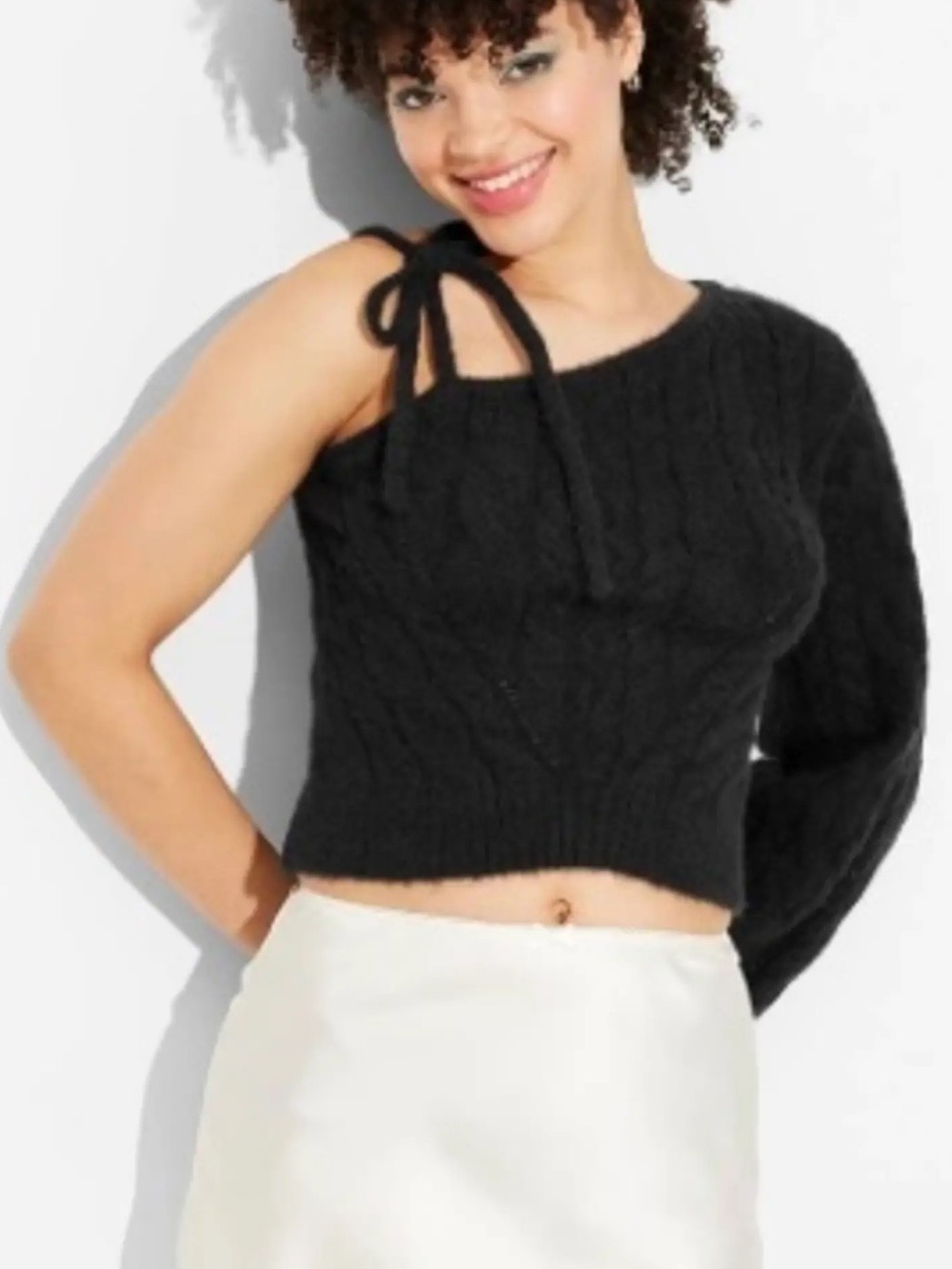 NWT- wild fable Black One-Shoulder Cable Knit Sweater with Tie Strap